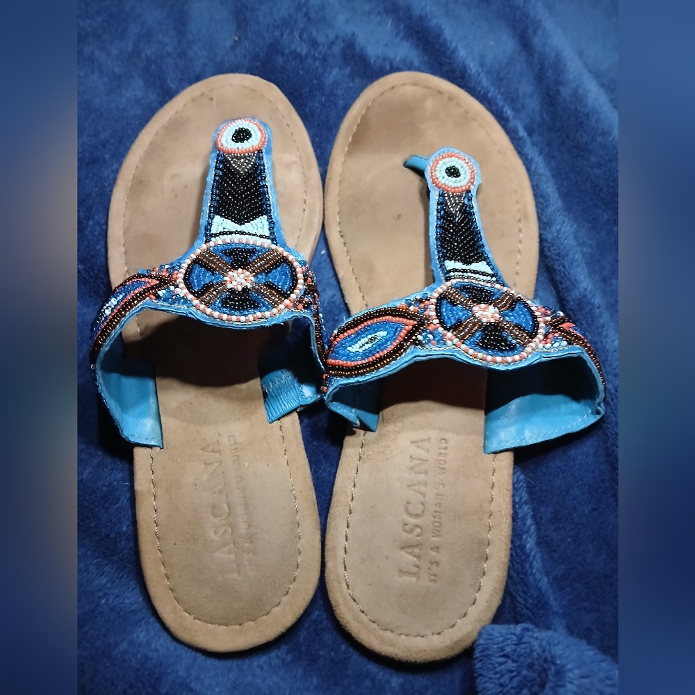 LascanaWomen's Beaded Leather Sandals - Blue and Tan -multi Colored Indian Beads